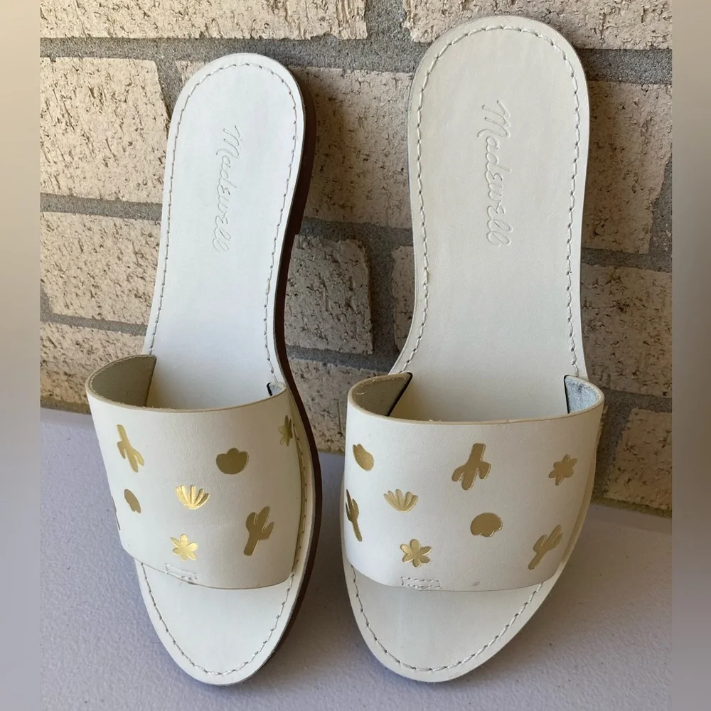 Madewell The Boardwalk Post Slide Sandal: Cactus Embossed Edition Gold Details
